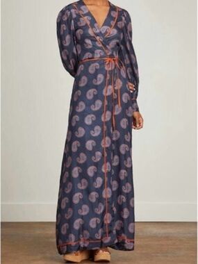 Hannah Artwear Silk Paisley Wrap Maxi Dress Size 0 Navy Puff Sleeve